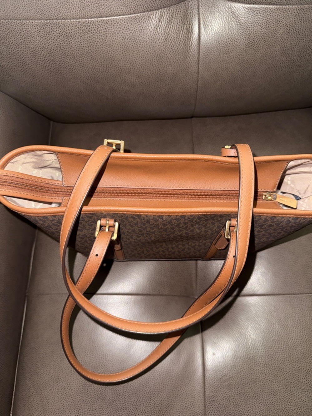Michael Kors Brown Logo-Print Tote with Tan Leather Trim - Picture 6 of 11